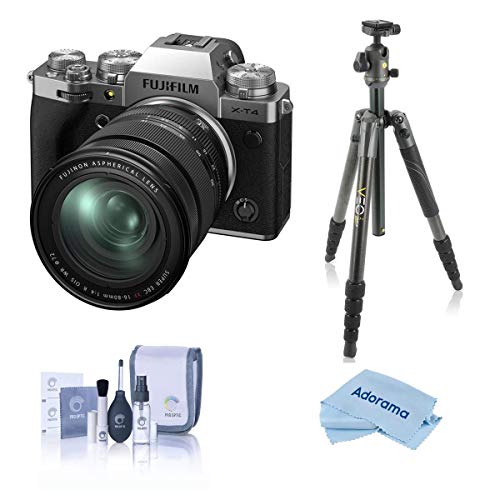 Fujifilm X-T4 Mirrorless Digital Camera with XF 16-80mm f/4 R OIS WR Lens, Silver - With Vanguard VEO 2 265CB 5-Section Carbon Fiber Tripod with BH-50 Ball Head, Gray - Cleaning Kit - Microfiber Cloth