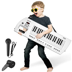 Pyle Portable Piano Keytar Electric Keyboard 37 Keys w/Microphone & Carry Strap, Sustain Controller, Rechargeable Battery - Digital Karaoke Keyboard - Compact Musical Piano White - PKBRD37WT