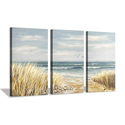 Hardy Gallery Abstract Beach Painting Wall Art: Seashore Artwork Hand Painted Coastal Picture on Canvas for Office (20'' x 34'' x 3 Panels)