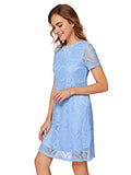 Romwe Women's Short Sleeve Summer Lace Wide Hem Dress Sky Blue_no Stretchy Medium