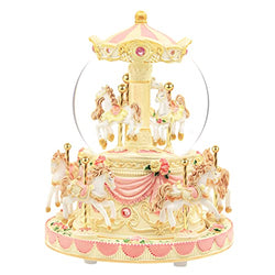 Carousel Snow Globe Music Box Gift, Christmas Anniversary Birthday Gift for Wife Daughter Mom Girlfriend Kids Present Yellow Merry Go Round Carousel Horse with Lights Play Castle in The Sky