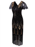 Vijiv Women Vintage Style 1920s Dresses Inspired Beaded Cocktail Flapper Dress With Sleeves For Prom Gatsby Party Black Gold Medium