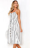 Angashion Women's Dresses-Summer Floral Bohemian Spaghetti Strap Button Down Swing Midi Dress with Pockets White Striped M