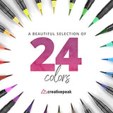 Watercolor Brush Pens - 24 Vibrant Coloring Pens & 2 Blending Brushes - Premium Quality Art Supplies Featuring Soft, Real Tip - Perfect for Calligraphy, Lettering, Adult Coloring - Creativepeak