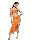 Romwe Women's 2 Piece Outfit Tie Dye Criss Cross Halter Crop Top and High Split Bodycon Skirts Set Orange S