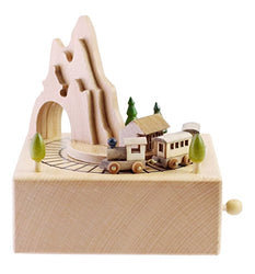 Wooden Musical Box Featuring Mountain Tunnel with Small Moving Magnetic Train | Plays "Canon In D"