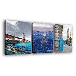 3 Piece Canvas Wall Art for Bedroom - Eiffel Tower Wall Decor London Big Ben Wall Art Golden Gate Bridge Canvas Prints Landscape Painting for Living Room Bathroom Wall Decorations