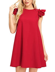 Romwe Women's Ruffle Trim Sleeve Summer Beach A Line Loose Swing Dress Red M