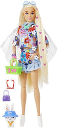 Barbie Extra Doll #12 in Floral 2-Piece Fashion & Accessories, with Pet Bunny, Extra-Long Blonde Hair with Heart Icons & Flexible Joints, Gift for 3 Year Olds & Up
