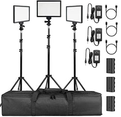 SUPON 3 Pack LED Video Light Stand Lighting Kit with Battery/Charger for Studio Photography YouTube Video Shooting,Bi-Color 3300K-5600K Ultra Slim Countinuous Output Lighting Panel