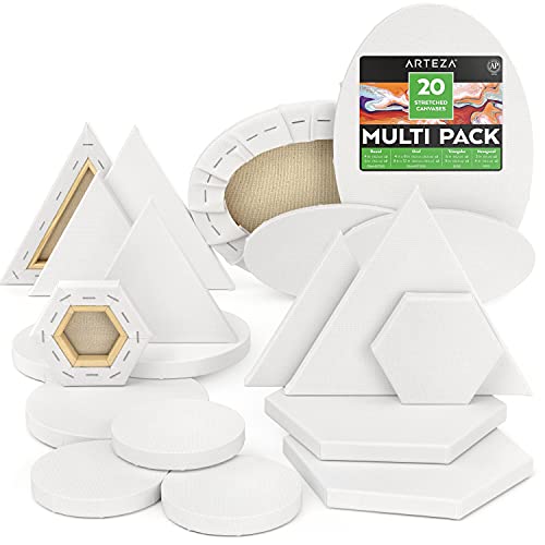 Arteza Stretched Canvas, Multipack of 20, Round, Oval, Triangle, and Hexagonal Shapes, 100% Cotton, 8 oz Gesso-Primed Blank Canvases, Art Supplies for Acrylic Pouring and Oil Painting