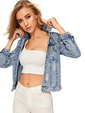 Romwe Women's Casual Long Sleeve Pockets Washed Distressed Denim Jean Jacket Blue L