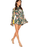 Romwe Women's Floral Printed Ruffle Bell Sleeve Loose Fit Jumpsuit Rompers Multicolor Green Small