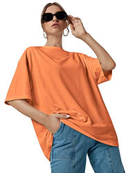 Romwe Women's Short Sleeve Oversized Shirt Round Neck Plain Tee Tops Orange S