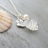 Yinahawaii Handmade Sea Glass Necklace, Hawaiian Jewelry For Women, Wire Moonstone Necklace Heart Necklace, Hibiscus Pearl Necklace, Unique Sea Glass Jewelry Birthday Gift For Women (June Birthstone)