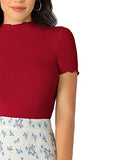 SheIn Women's Cute Mock Neck Short Sleeve T Shirts Lettuce Trim Juniors Tee Tops Red Large