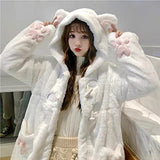 Women Cute Kawaii Cat Ear Claw Grils Fleece Warm Long Sleeve Hoodie Sweatshirt Coat Jacket White