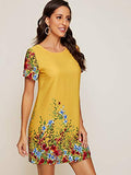 Romwe Women's Short Sleeve Floral Print Loose Casual Tunic Swing Summer Shirt Dress Yellow M