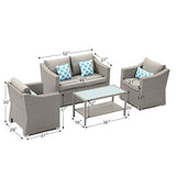 COSIEST 4-Piece Patio Furniture Sectional Sofa All-Weather Outdoor Wicker Conversation Set w Warm Gray Cushions, Glass Coffee Table, 4 Teal Pattern Pillows for Deck, Backyard, Pool