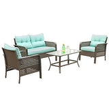 Okeysen Patio Outdoor Furniture Sets, 4 Pcs with Loveseat, All-Weather Checkered Wicker Rattan Conversation Sofa Set, Glass Coffee Table with Removable Cushion. (Green)