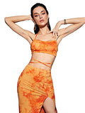 Romwe Women's 2 Piece Outfit Tie Dye Criss Cross Halter Crop Top and High Split Bodycon Skirts Set Orange S