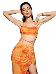 Romwe Women's 2 Piece Outfit Tie Dye Criss Cross Halter Crop Top and High Split Bodycon Skirts Set Orange S