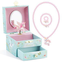Kids Musical Jewelry Box for Girls with Drawer and Jewelry Set with Magical Unicorn - Blue Danube Tune Blue