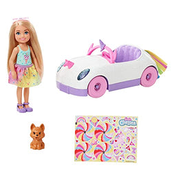 Barbie Club Chelsea Doll (6-inch Blonde) with Open-Top Rainbow Unicorn-Themed Car, Pet Puppy, Sticker Sheet & Accessories, Gift for 3 to 7 Year Olds