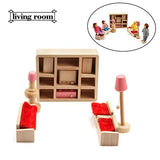 Huayao 6 Set Wood Family Dollhouse Furniture Set with 4 People Wooden Family Dolls, Bedroom/Living Room/Kid Room/Bathroom/Kitchen/Dining Room