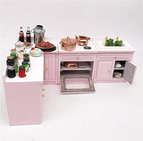 EatingBiting 1:12 Dollhouse Miniature Furniture Kitchen Wooden Pink Combination Cabinet Sink Counters 1/12 Scale Dollhouse Miniature Furniture Deluxe Wooden Kitchen Set