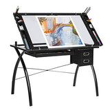 ITUSUT Drafting Table for Artists, Height Adjustable Drawing Desk with Tempered Glass Tabletop, Art Desk Study Table with Storage Drawers and Tray, Craft Station with Sturdy Metal Frame, Black