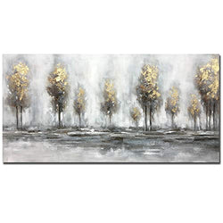 Boieesen Art,24x48Inch Handmade Oil Painting Grey Gold Absract Forest Landscape Artwork Nature Scenery Canvas Wall Art Golden Trees Paintings Home Decoration Stretched and Framed Ready to Hang