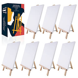 TAVOLOZZA Tabletop Easel with Canvas Set, 7 Pack 16 x 9 Inches Wooden Easels and 12 x 9.5 Inches Canvases, Art Painting Easel Stand for Kids Artist Adults Students Classroom