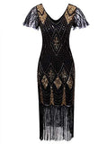 Vijiv Women Vintage Style 1920s Dresses Inspired Beaded Cocktail Flapper Dress With Sleeves For Prom Gatsby Party Black Gold Medium