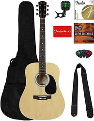 Fender Squier Dreadnought Acoustic Guitar - Natural Bundle with Gig Bag, Tuner, Strings, Strap, Picks, Fender Play Online Lessons, and Austin Bazaar Instructional DVD