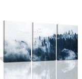 Indigo Misty Forests Wall Pictures for Bedroom Modern 3 Pieces Canvas Wall Art Mountain Forest in Fog Navy Blue Wall Decorations Minimalist Canvas Art Evergreen Coniferous Trees Gallery Wrapped