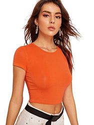 SweatyRocks Women's Basic Short Sleeve Scoop Neck Crop Top Orange Medium