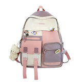 Cute Canvas Kawaii Backpack with Pins Pink Aesthetic Bag Fashion Shoulder Backpack with Hanging Bear Fancy College Bags Lightweight Travel Bag (Blue And Pink)