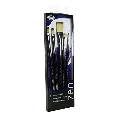 Royal & Langnickel, Zen Series 53, Set of 5 Brushes, Long Handle, Synthetic Filament, Flat 12,