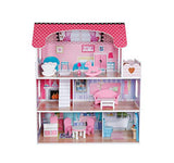 Pidoko Kids Wooden Dollhouse - 12 Pcs Furniture Accessories