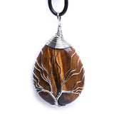 HongJinTian Wire Wrapped Tree of Life Natural Grown Tiger Eye Gemstone Teardrop Pendant Necklace