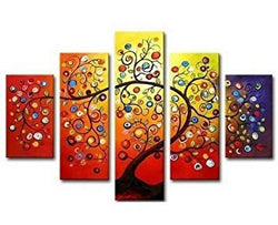 Crystal Emotion Hand Painted Oil Painting Gift Gold Tree 5 Panels Wood Inside Framed Hanging Wall Decoration (As Shown, Color8)