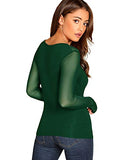 Romwe Women's Sheer Mesh Slim Fit Top Long Sleeve See Through Tee Blouse (X-Large, Green)
