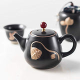 Porcelain Tea Set-Tea Set with Lotus Relief, Ceramic Tea Sets Include teapot, Tea cups, Tea canddy, Tea clip, Bamboo Tea tray and Portable Travel Bag (black)