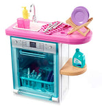 Barbie Indoor Furniture Playset, Kitchen Dishwasher with Working Door and Pull-Out Tray, Plus Dishes and Washing Accessories