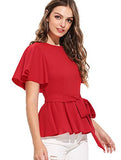 Romwe Women's Slim Ruffle Short Sleeve Raw Hem Elegant Peplum Blouse Top with Belt Red M