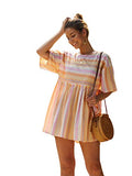 Romwe Women's Short Sleeve Round Neck High Waist Striped Frill Trim Loose Summer Mini Smock Dress Yellow S
