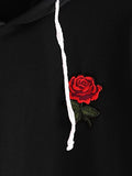 DIDK Women's Embroidered Rose Patch Stripe Sleeve Hoodie Sweatshirt Black S