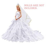 Keysse Doll Clothes Voluminous Skirt Large Trailing Wedding Dress with 5 Accessories, Crown+ Veil+ Bow Hair Clips+ Necklace and Bracelet, Princess Evening Party Clothes for 11.5" Doll (White)