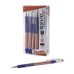 Pentel RSVP Ballpoint Pen, (0.7mm) Fine Line, Flag Barrel, Black Ink,12 pack (BK90USA-A)